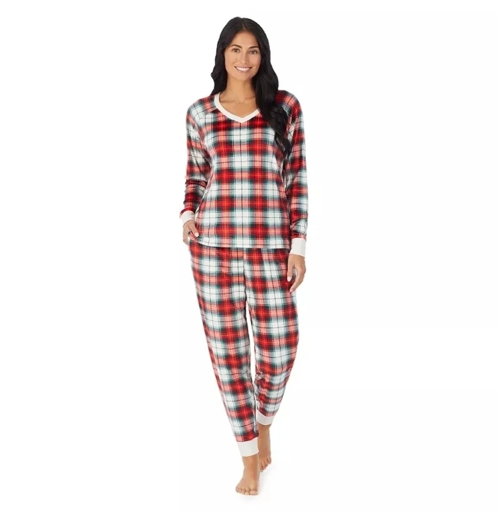 Cuddl Duds Velour Fleece V-Neck Pajama Top and Banded Bottom Pajama Pant Size L